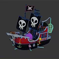 Pirate Ship With Skull Flags Black Flag Red Hull Cage Purple Ball And Yellow Figure