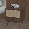 Wooden Nightstand With Rattan Panel And Stacked Books In Bedroom Setting