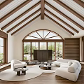 Cozy Living Room Interior Design With Arched Windows Wooden Beam Ceiling White Sofas And Fireplace