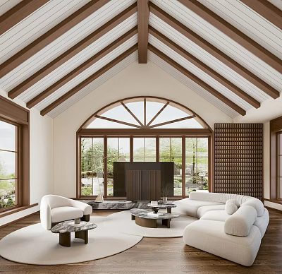 Cozy Living Room Interior Design With Arched Windows Wooden Beam Ceiling White Sofas And Fireplace 3d model
