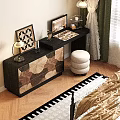 Black Dresser With Leaf Patterned Drawers White Round Stool Table Lamp And Mirror