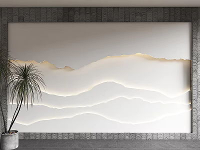 Modern White Feature Wall With Wavy Lighting Design Gray Frame And Palm Plant 3d model