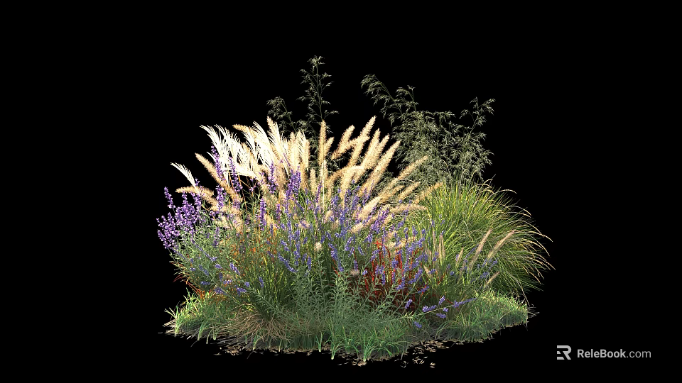 Lush Garden Shrubs With White And Purple Flowers Green And Tall Grasses On Black Background 3d model 