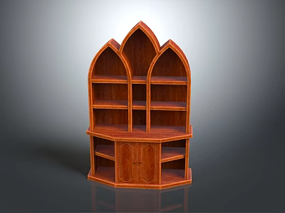 Brown Wooden Arched Top Bookshelf With Multiple Shelves And Cabinet Doors 3d model