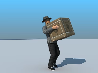Man Wearing Hat Carrying Large Box On Open Ground With Blue Sky 3d model