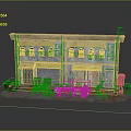 Vintage Small Shop Model With Roll Up Doors Red Tables And Trash Bins
