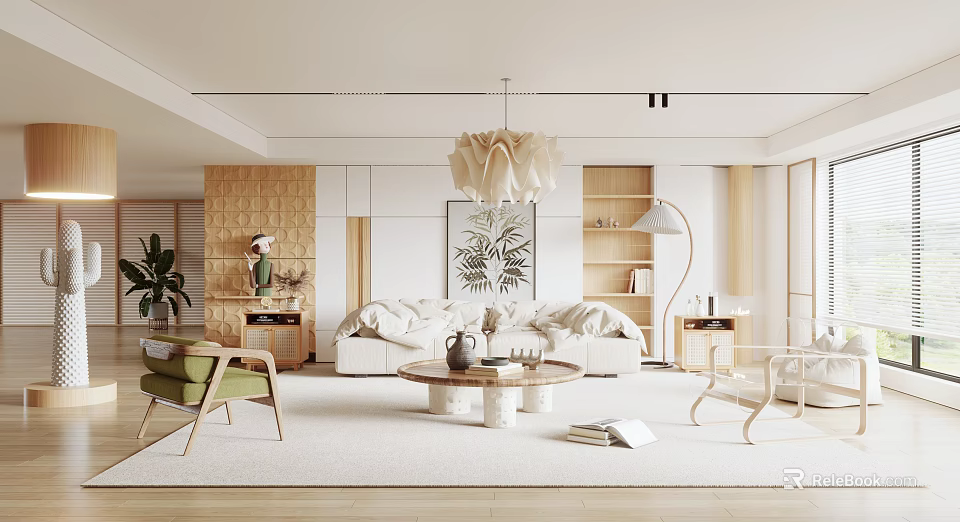 Modern Living Room Interior With Sofa Coffee Table Chandelier Bookshelf And Plant 3d model 