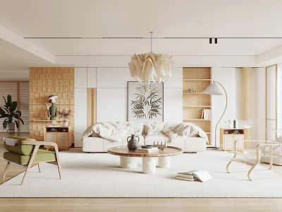 Modern Living Room Interior With Sofa Coffee Table Chandelier Bookshelf And Plant 3d model