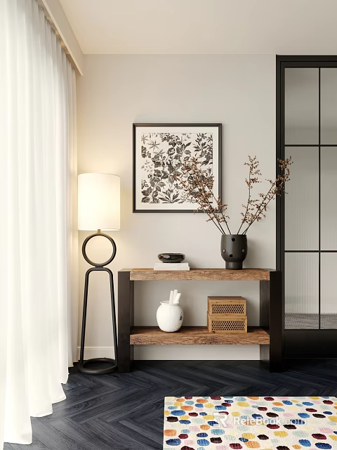 Modern Entryway Console Side Cabinet With Vase Lamp Wall Art And Basket 3d model 
