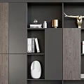 Modern Dark Grey Wood Tone Bookcase With Multi Compartment Open Shelves And Decorative Sculpture