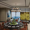 Private Dining Room Interior With Round Table Green Centerpiece Orange Chairs And Curved Green Chandelier