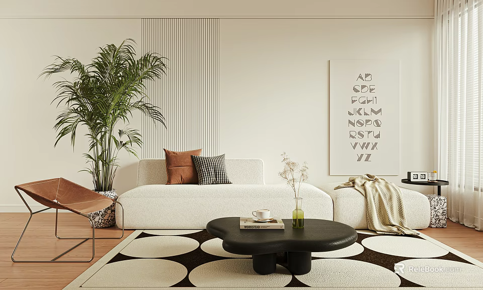 Modern White Sofa and Black Coffee Table Set with Pillows Circular Rug and Potted Plant 3d model 