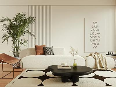 Modern White Sofa and Black Coffee Table Set with Pillows Circular Rug and Potted Plant 3d model