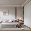 Modern Bedroom Interior Design With Bed Decorative Painting Wardrobe And Soft Pillows