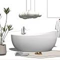 White Bathtub With Hanging Spherical Lights Potted Plant Bathrobe Slippers Open Book and Round Rug