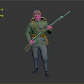 Man in Military Uniform With Vintage Hat Holding Rifle on Gray Background