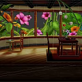 Charming Restaurant Interior With Wooden Floors Large Colorful Floral Windows Tables Chairs And Hanging Lights