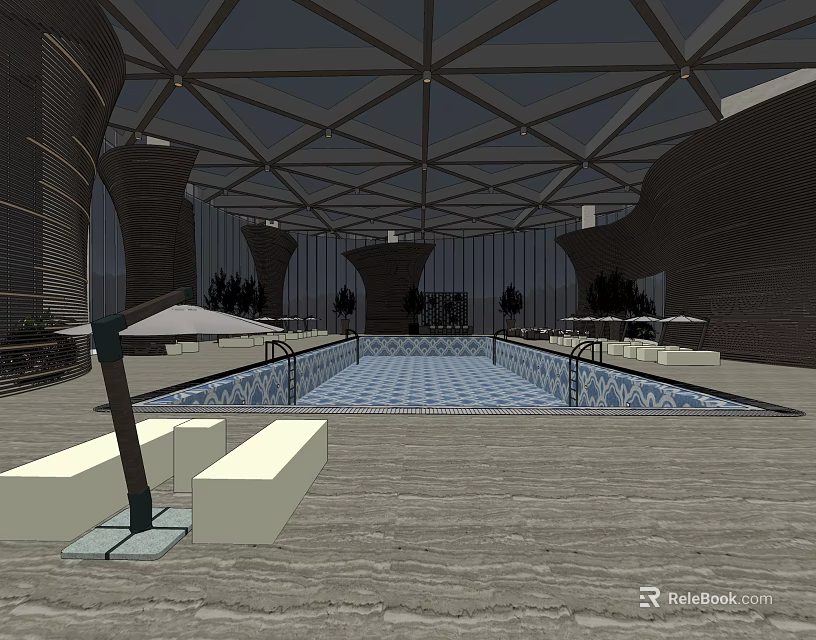 Modern Indoor Swimming Pool With Geodesic Dome Roof Loungers And Plants 3d model 