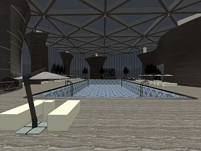 Modern Indoor Swimming Pool With Geodesic Dome Roof Loungers And Plants 3d model