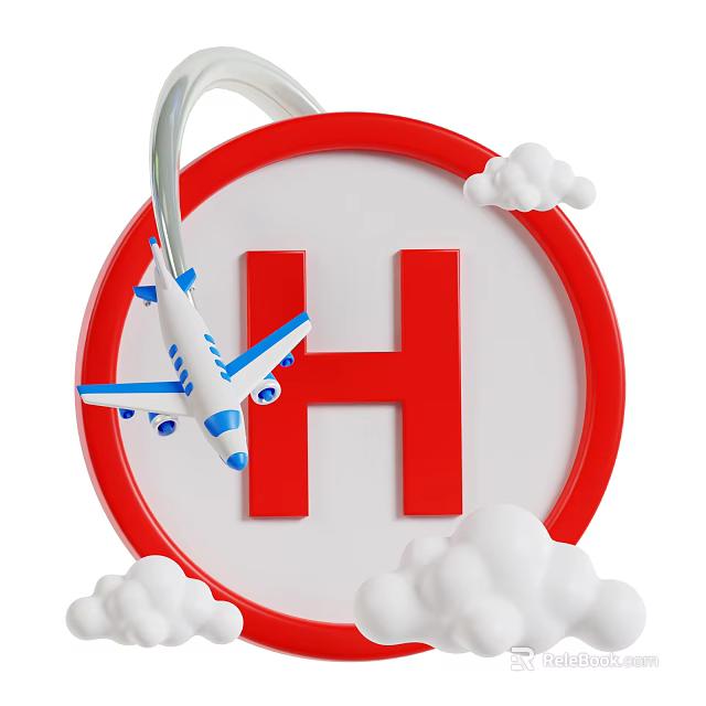 Passenger Plane Flying Near Red Circular Sign With Large Red H And Clouds 3d model 