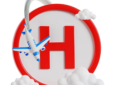 Passenger Plane Flying Near Red Circular Sign With Large Red H And Clouds 3d model