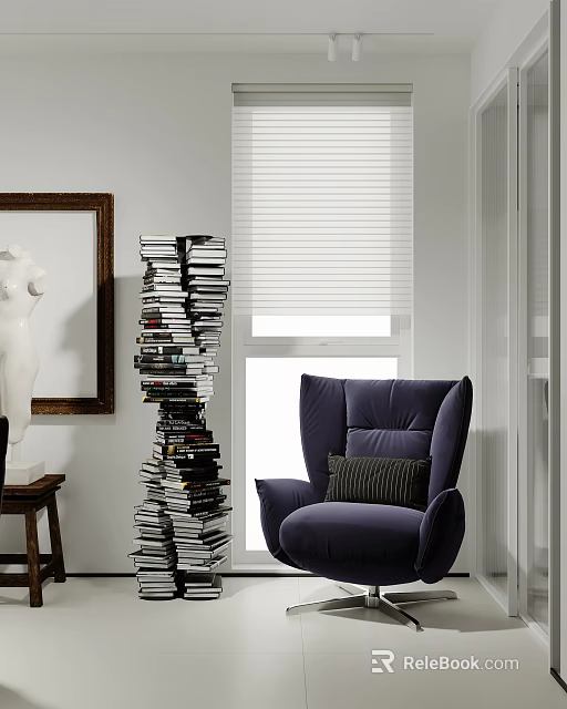Modern Living Room Interior With Cozy Purple Upholstered Armchair And Artistic Tall Stacked Book 3d model 