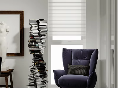 Modern Living Room Interior With Cozy Purple Upholstered Armchair And Artistic Tall Stacked Book 3d model