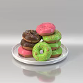 Colorful Frosted Donuts with Pink Green Brown Sprinkles on White Plate Light Background