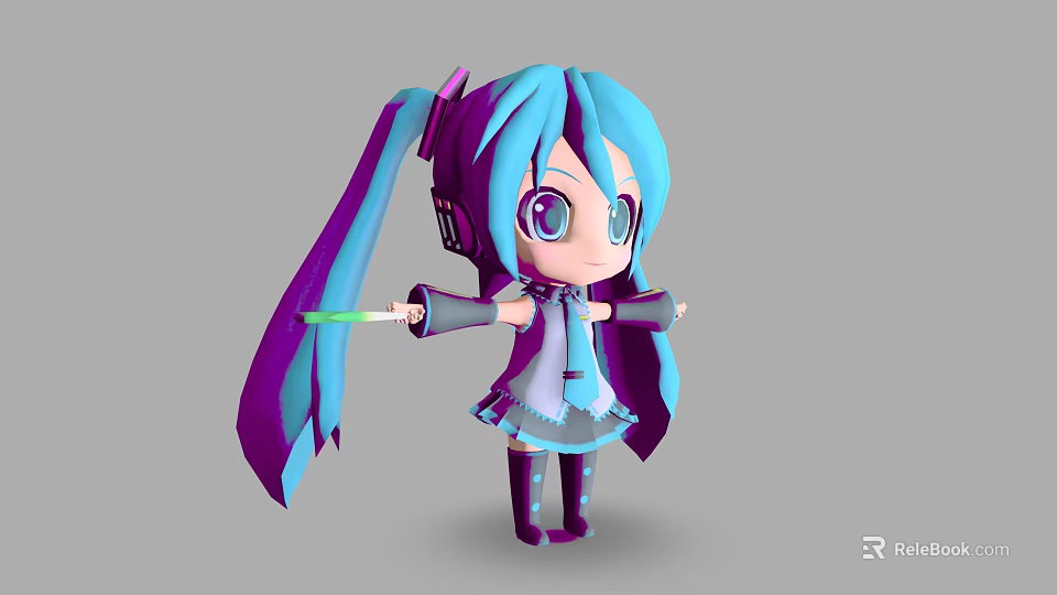 Anime Fantasy Character With Blue Purple Twin Tails Big Eyes Green Wand And Cute Outfit 3d model 