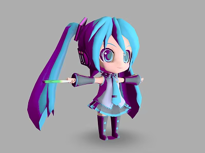 Anime Fantasy Character With Blue Purple Twin Tails Big Eyes Green Wand And Cute Outfit 3d model