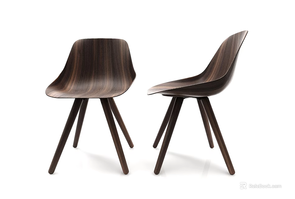 Modern Wooden Leisure Chairs With Curved Backrest And Three Legged Minimalist Design 3d model 