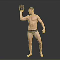 Shirtless Man Holding Kettlebell In Right Hand With Dark Underwear On Gray Background