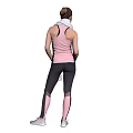 Fit woman wearing pink tank top black leggings with white towel and gray sneakers