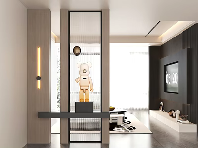 Modern Entryway Hallway Design With Glass Partition Wooden Pillars And Teddy Bear Decor 3d model
