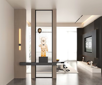 Modern Entryway Hallway Design With Glass Partition Wooden Pillars And Teddy Bear Decor 3d model