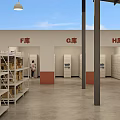Spacious Open Market Interior With Rows Of Shelves Hanging Signs And People Shopping