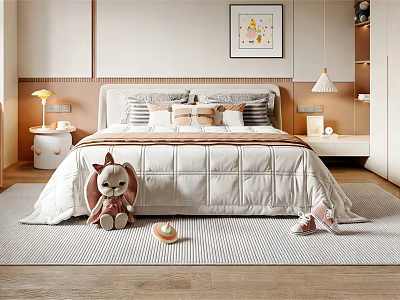 Cozy Modern Kids Bedroom With White Bed Stuffed Toy Table Lamp And Wall Art 3d model