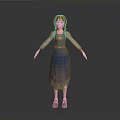3D Animated Female Character With Red Hair Blue Gradient Dress Long Sleeves And Brown Shoes