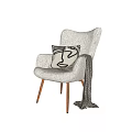 Modern Leisure Chair With Plush Fabric Wooden Legs Abstract Pillow And Striped Throw Blanket