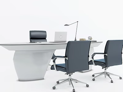 Modern White Office Desk With Laptop Desk Lamp And Two Black Chairs 3d model