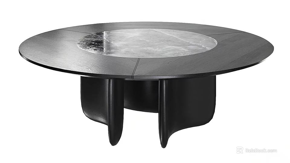 Modern Round Black Dining Table With Marble Center Top And Stylish Base 3d model 