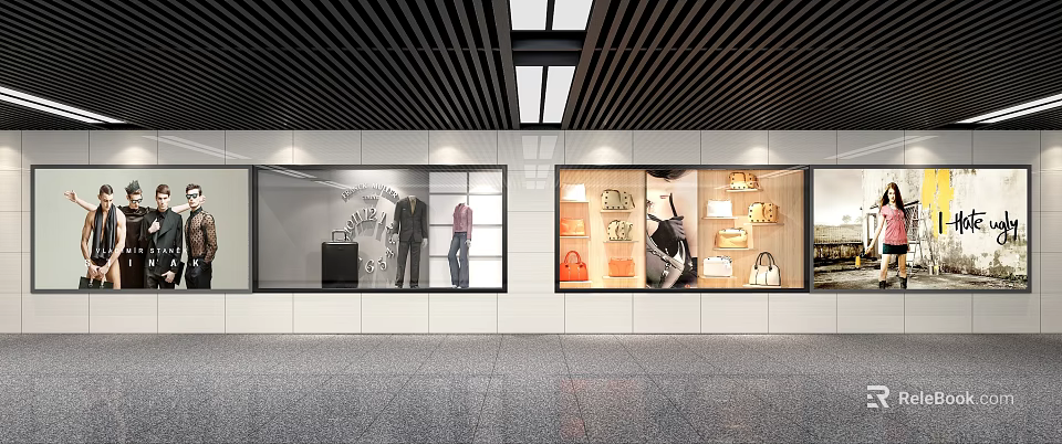 Modern Shop Window Display With Various Fashion Apparel And Leather Bags 3d model 
