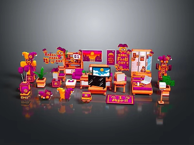 Colorful Scene Components With Purple Orange New Year Decor Furniture Plants And Signboards 3d model