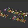 Detailed Wooden Bridge And Platform Components With Railings Planks And Posts