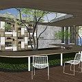 Scenic Garden Landscape With Lawn Loungers Umbrellas Trees And Wooden Deck Mountain Backdrop