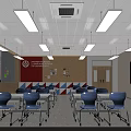 School Classroom Interior With Blue Chairs White Desks Red Wall Blackboard Storage Cabinets And Lighting