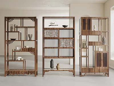Traditional Chinese Wooden Antique Display Shelves With Carved Details And Decorative Ornaments 3d model