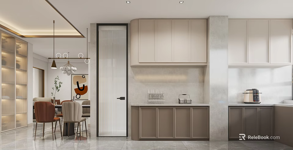 Modern Kitchen Interior Design With Beige Cabinets And Pendant Lighting 3d model