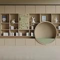 Modern Minimalist Light Wood Bookshelf With Books Decorative Figurines Wall Art And Round Mirror