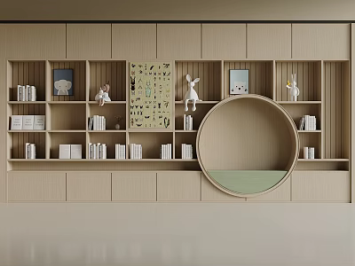 Modern Minimalist Light Wood Bookshelf With Books Decorative Figurines Wall Art And Round Mirror 3d model